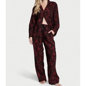 Victorias Secret Womens Knit Pajama Set L Black Floating Hearts Valentines Day